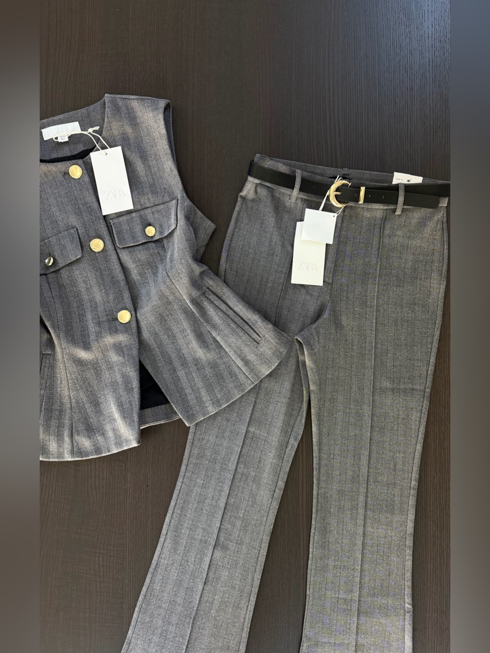Zara Gray Pinstripe Vest and Flare Pants Set with Gold Buttons - Picture 7 of 14